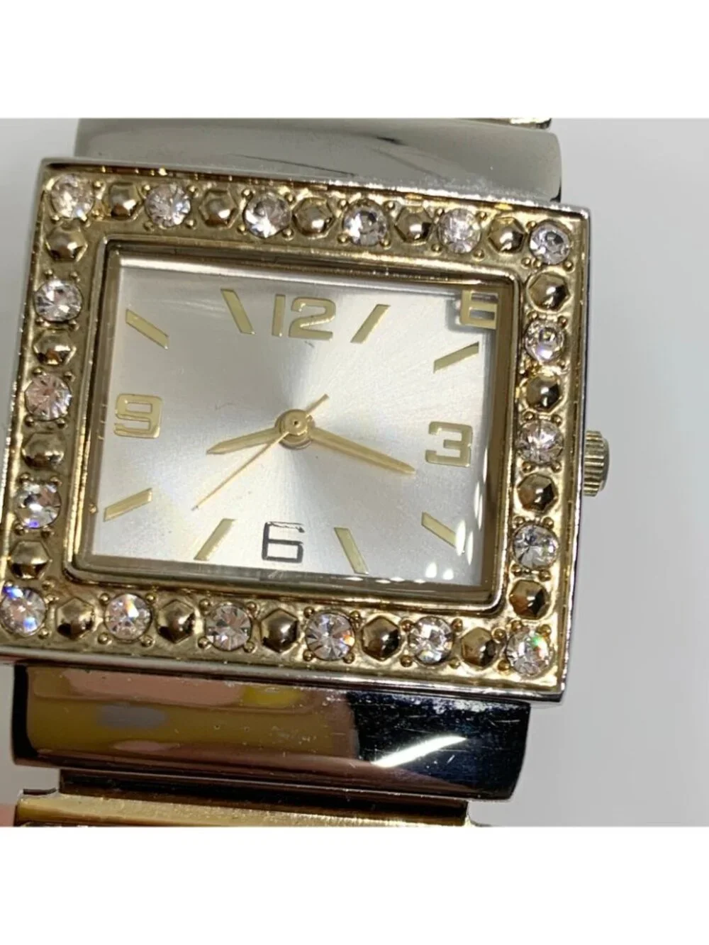 Women’s gold silver tone cuff bracelet watch 30mm rhinestones quartz 7” running